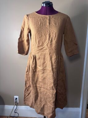 Magic Linen Tan/Brown Fit & Flare Midi Dress with Pockets, Lightweight, Flowy
